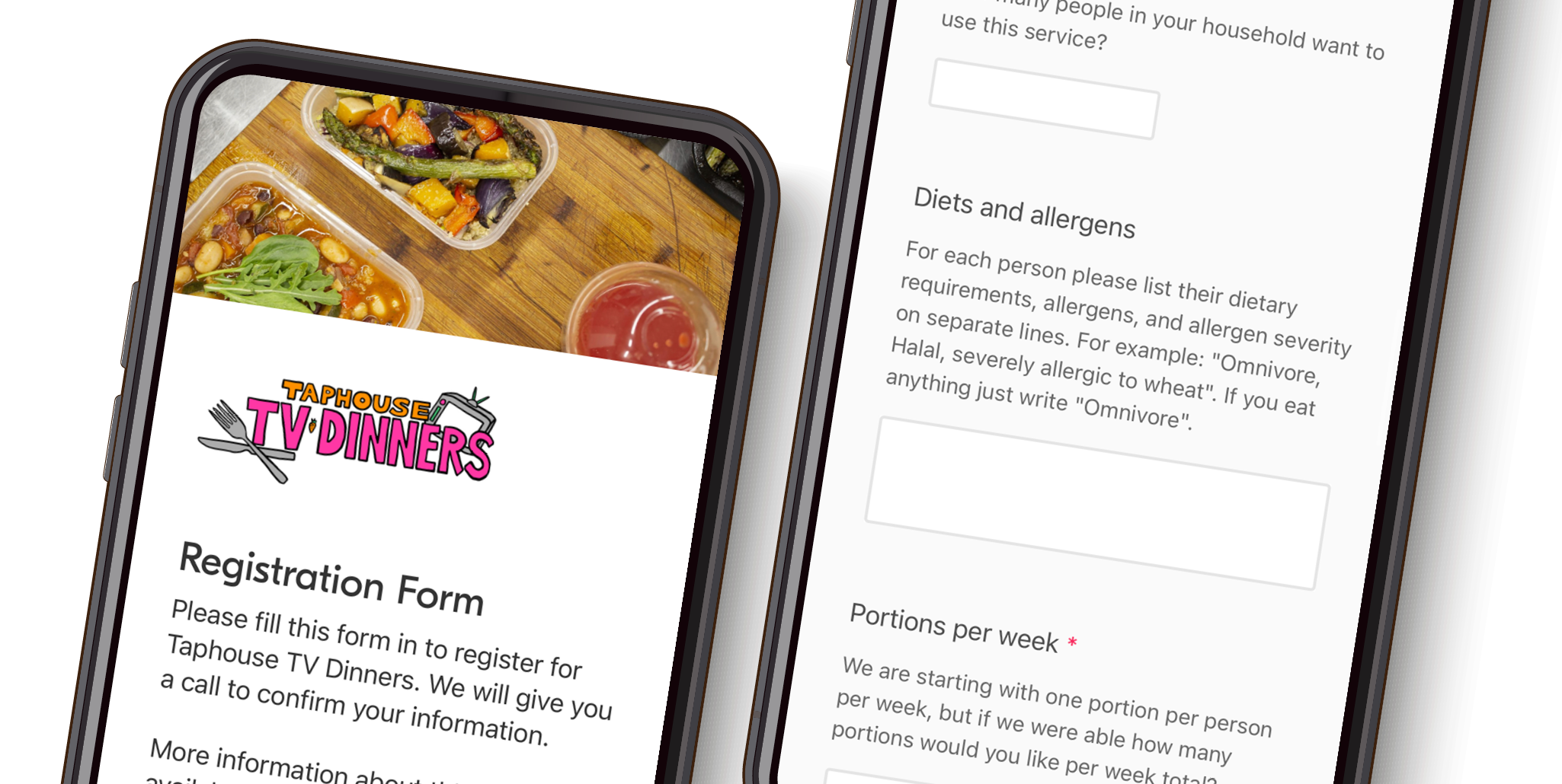 A mobile mockup showing the TV dinners website and registration form